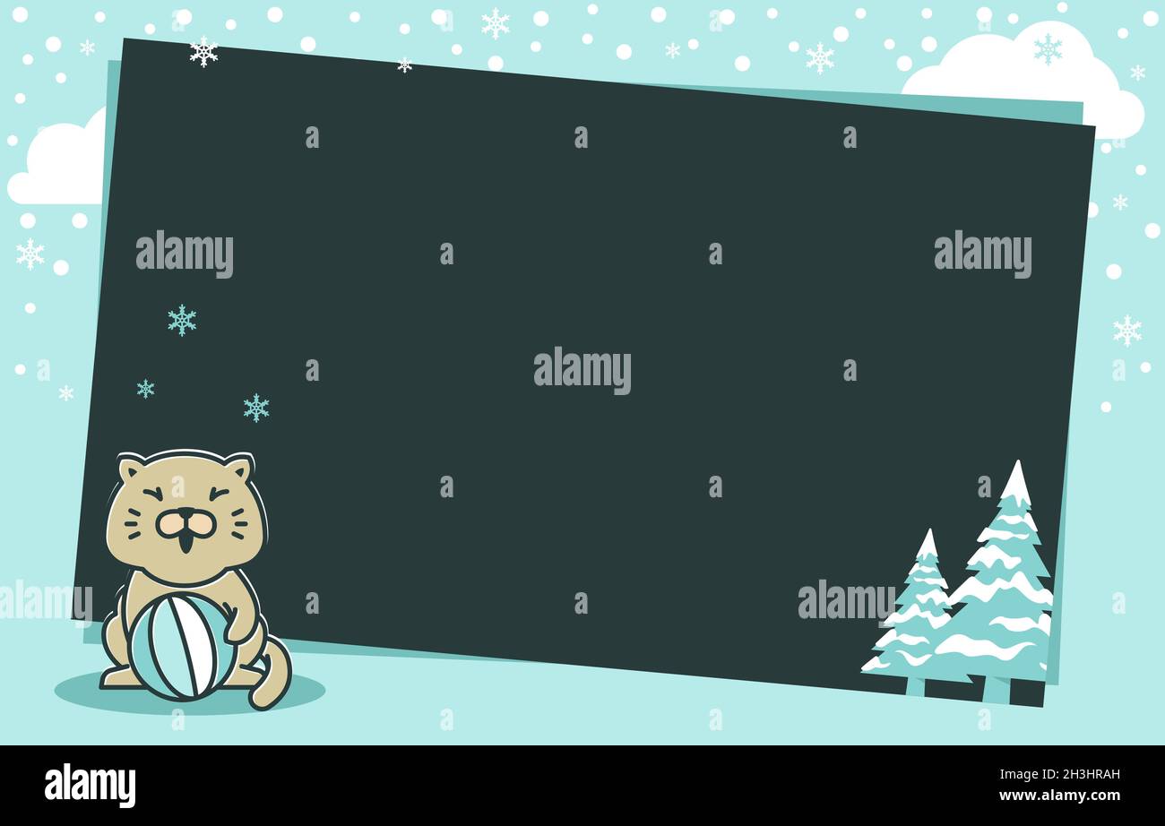 Cat Ball Pine Tree Winter Snowflake Holiday Card Frame modello sfondo Illustrazione Vettoriale