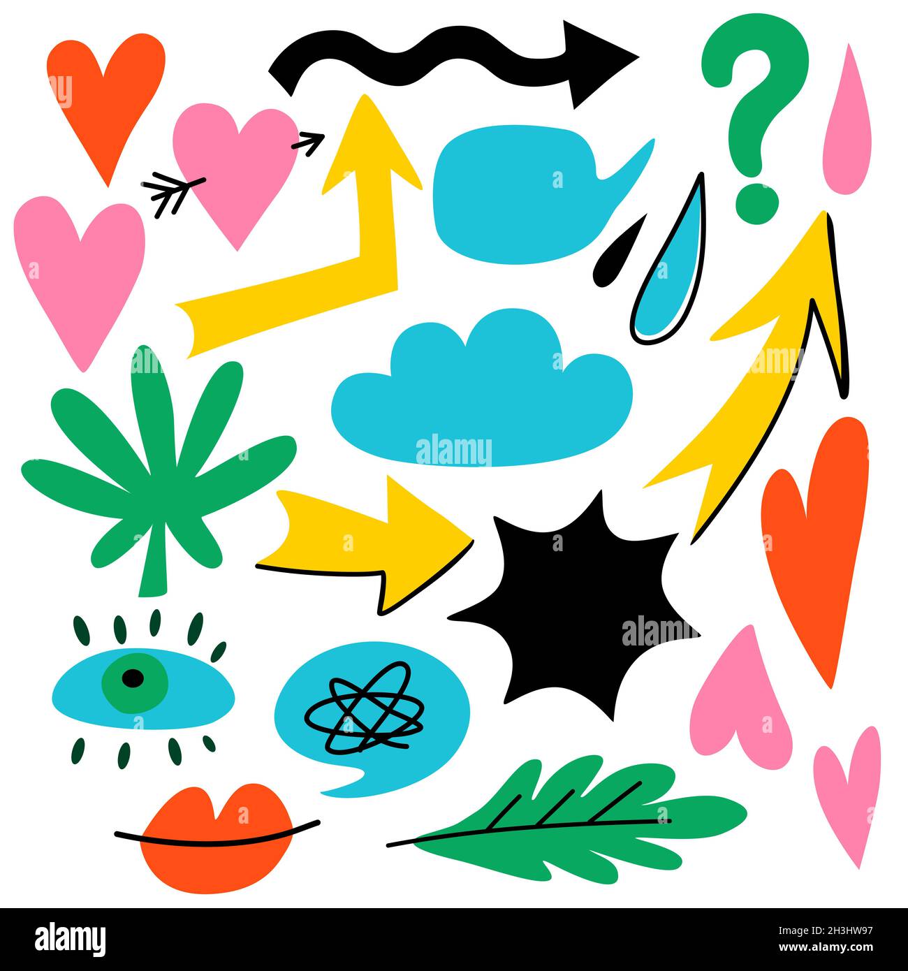 Set di elementi di design colorati disegnati a mano. Forme semplici astratte, cuori, frecce e foglie, isolate su sfondo bianco. Illustrazione Vettoriale