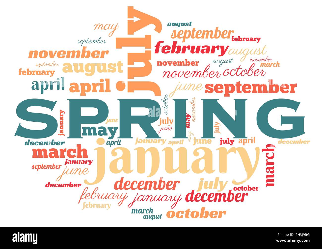 Concetto di stagioni, nomi di mese nel cloud Foto Stock