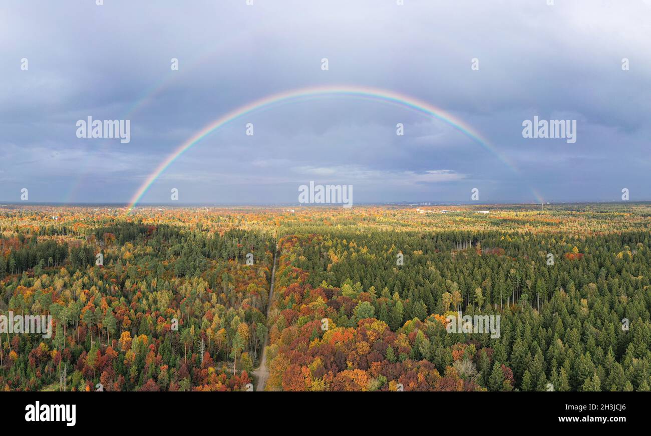 Doppio arcobaleno su una foresta verde e autunno colorato come un concetto per la bellezza della nostra natura nella pioggia caduta saison. Foto Stock
