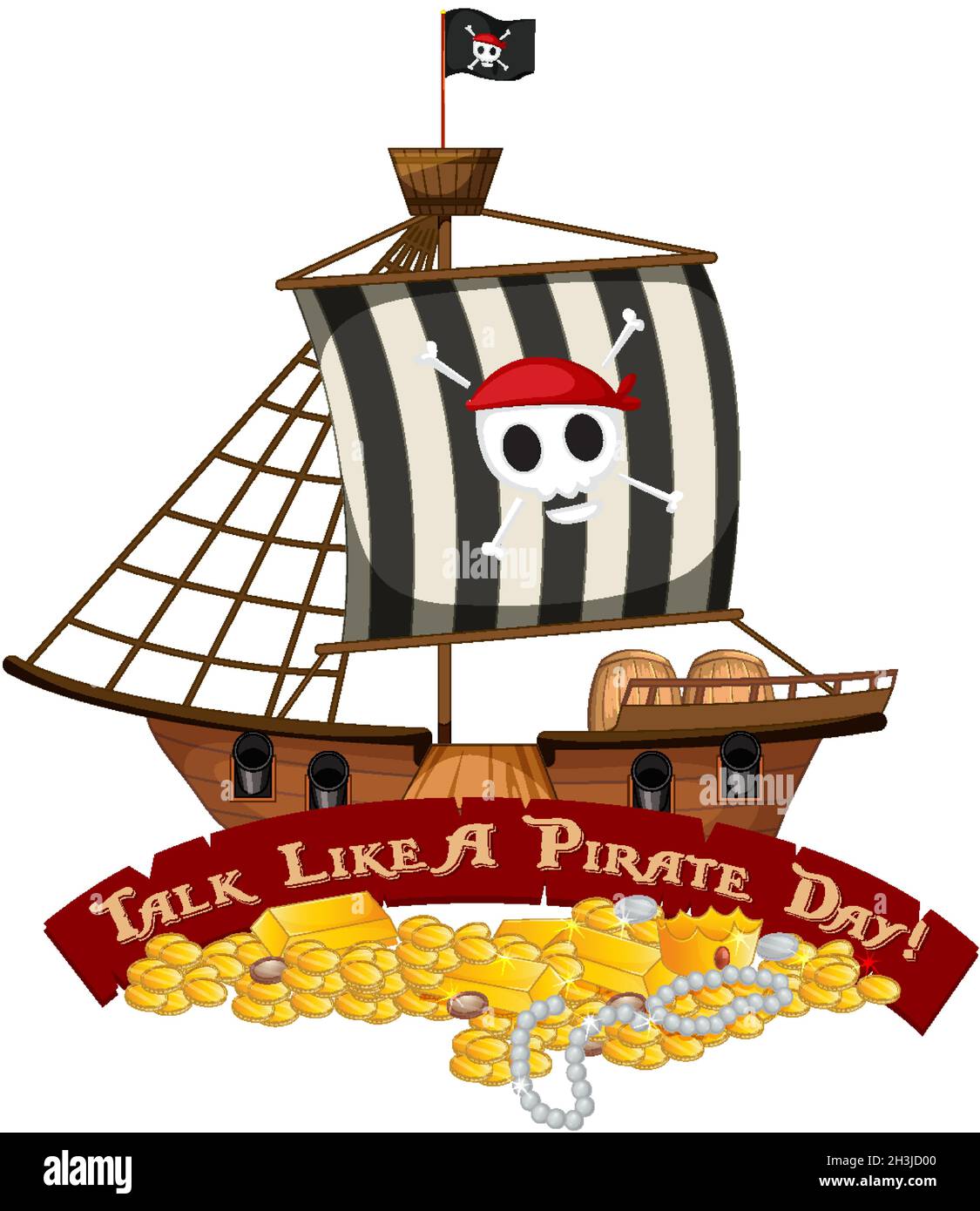 Nave dei pirati con colloquio come Un'illustrazione del banner del carattere del giorno dei pirati Illustrazione Vettoriale