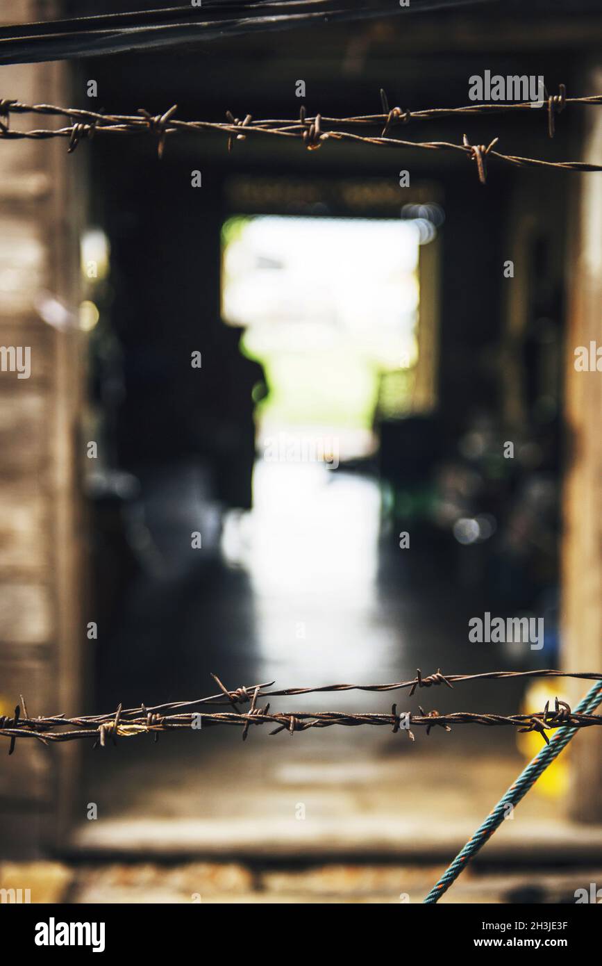 Il filo spinato per proteggere una povera casa Foto Stock