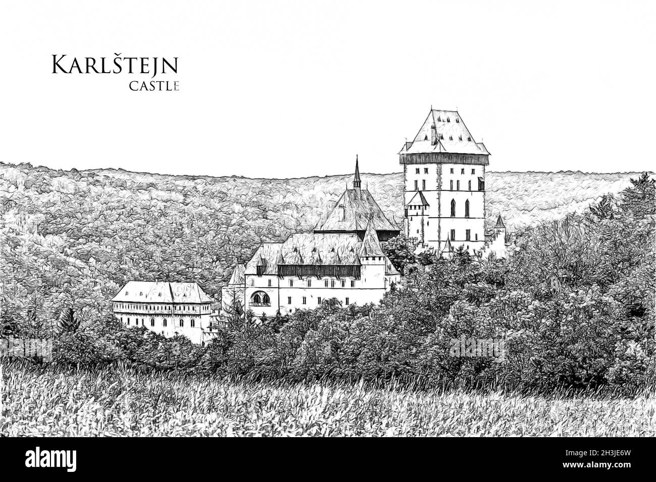 Castello di Karlstejn vicino a Praga, Czechia. Illustrazione dello schizzo. Foto Stock