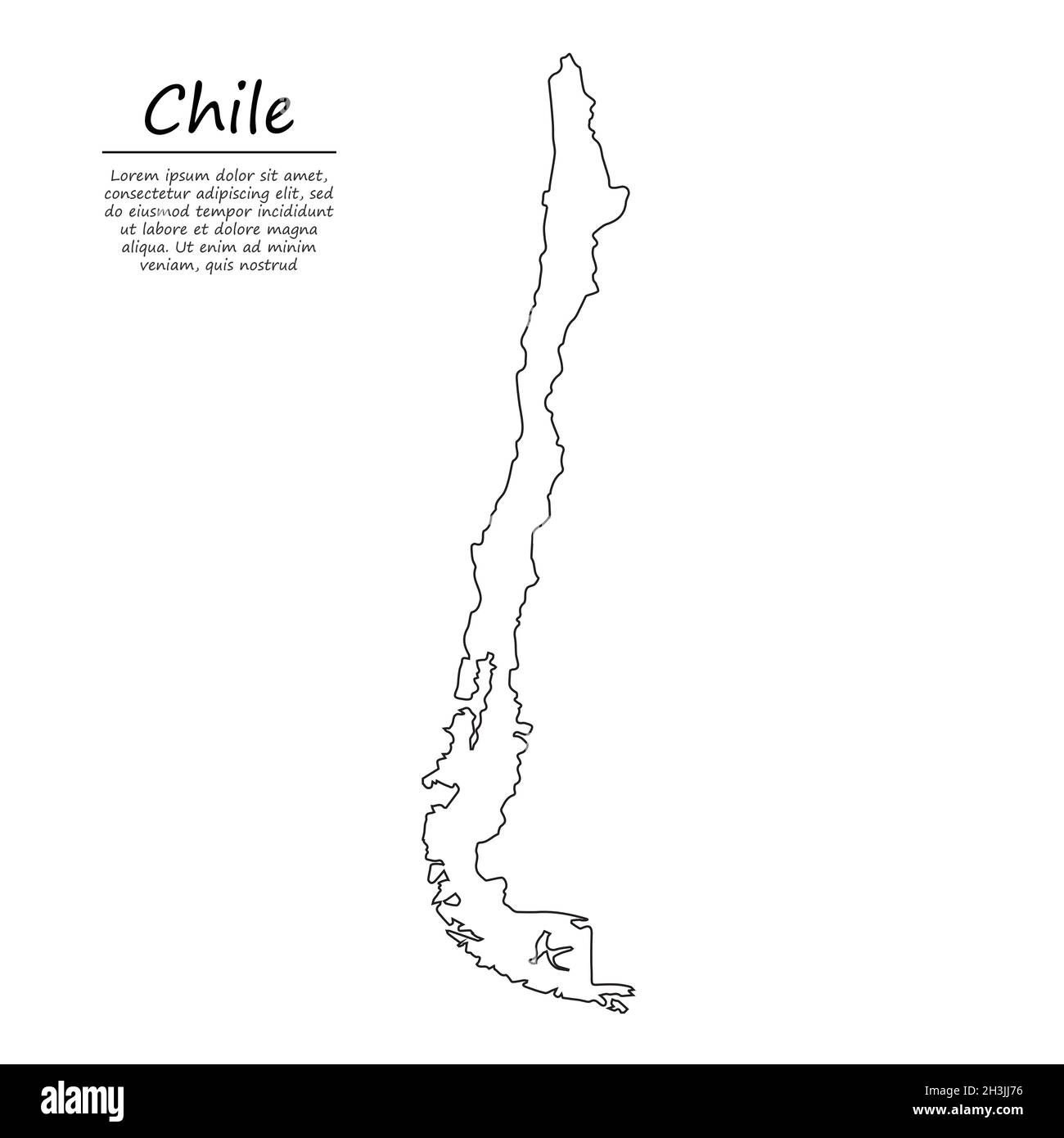 Semplice mappa di contorno del Cile, silhouette vettoriale in stile linea di schizzo Illustrazione Vettoriale