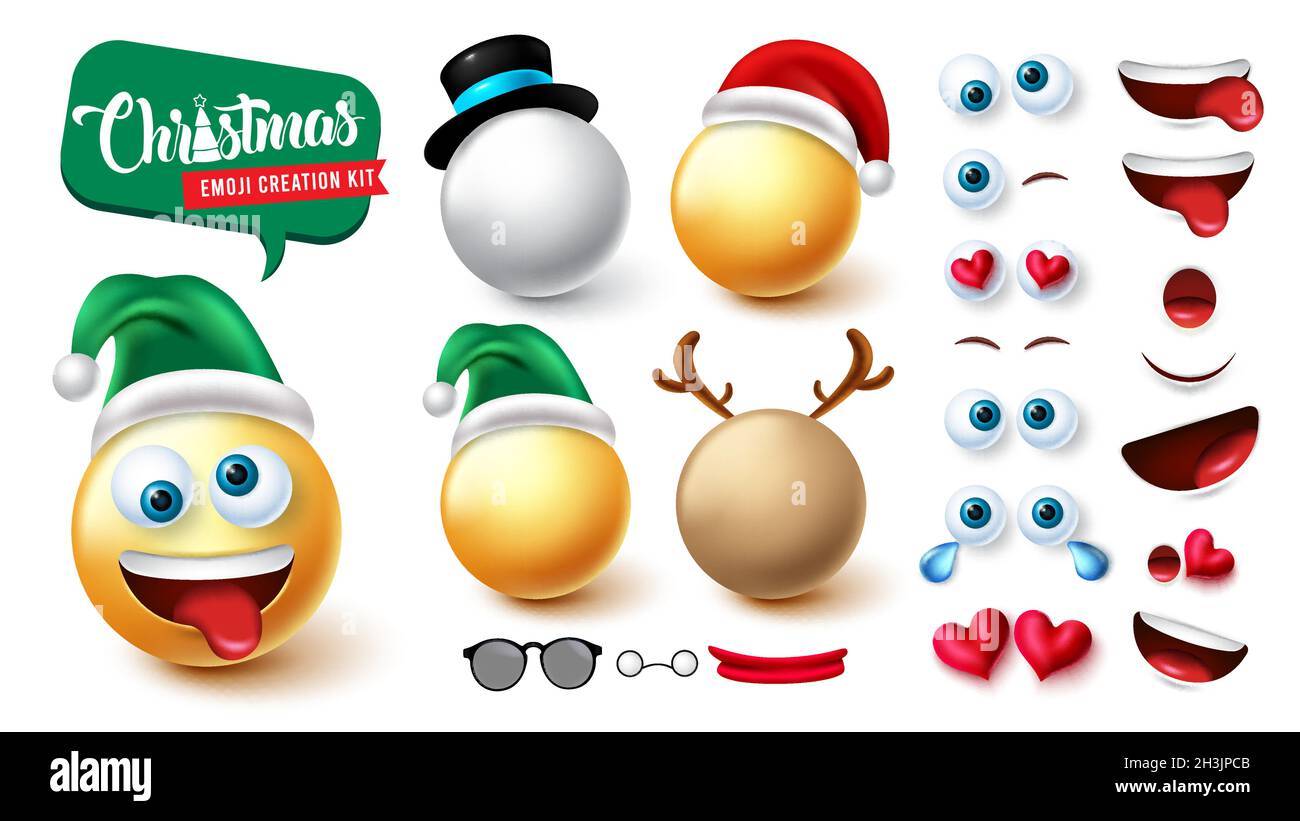 Set vettoriale per creatori sorridenti di Natale. Kit di personaggi emoji xmas 3d di babbo natale, uomo di neve e renna con volto modificabile per una simpatica espressione facciale. Illustrazione Vettoriale