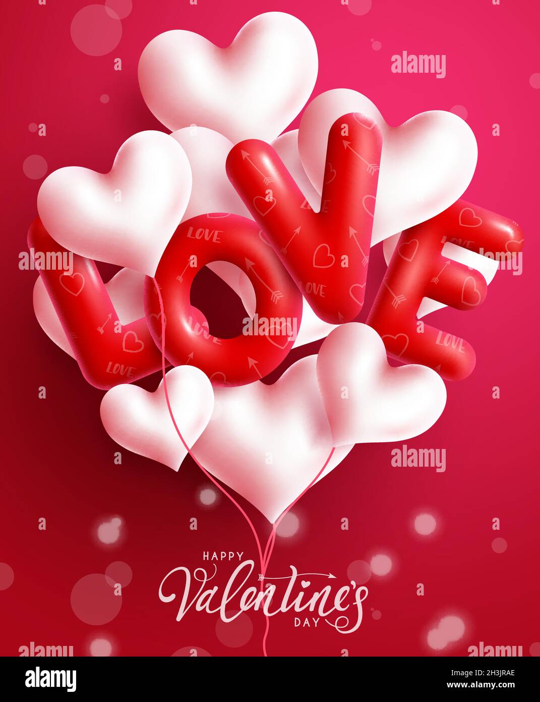 Valentines amore balloon concetto vettoriale design. Testo d'amore in decorazione a palloncino con elementi di cuore fluttuanti per regalo romantico di San Valentino. Illustrazione Vettoriale