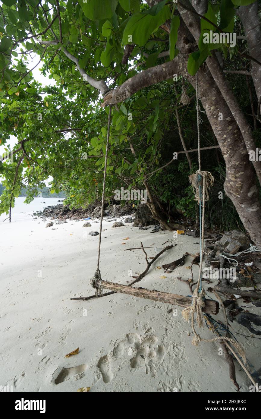 Swing appeso sotto l'albero e impronte su una spiaggia di isola tropicale Foto Stock