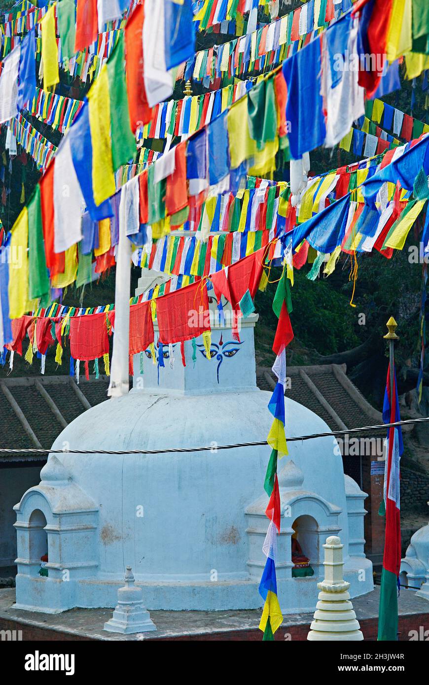 Nepal, valle di Kathmandu, Swayambunath stupa, bandiera di preghiera Foto Stock