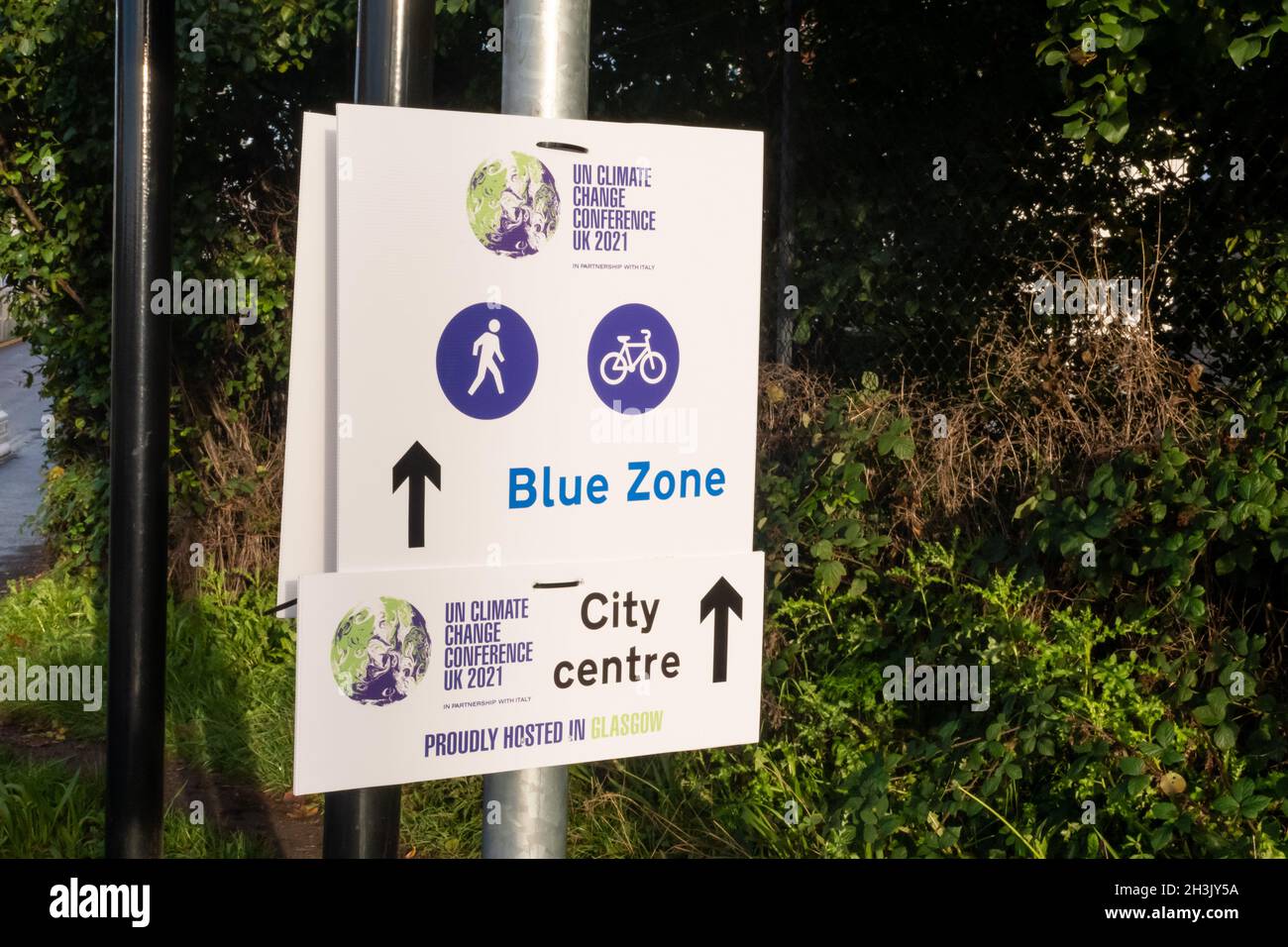 Indicazioni per i delegati alla Blue zone alla Conferenza delle Nazioni Unite sul cambiamento climatico a Glasgow, Scozia. Foto Stock