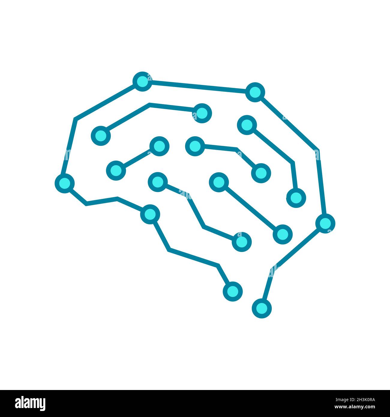 Concetto di intelligenza artificiale. Apprendimento automatico e intelligenza artificiale. Rete neurale. Sinapsi di neuroscienze. Futuristica idea robot cyborg. Punti blu. Vettore Illustrazione Vettoriale