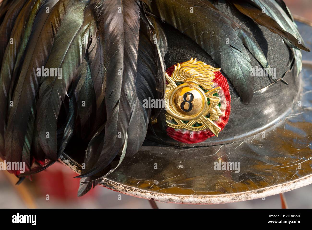 Italia, Vecchio casco corpo militare dei Bersaglieri Foto Stock