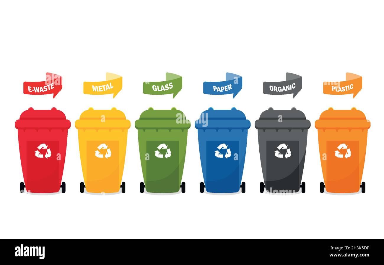 bidoni di rifiuti. tipi di bidoni di rifiuti, vista frontale set di contenitori di plastica Illustrazione Vettoriale