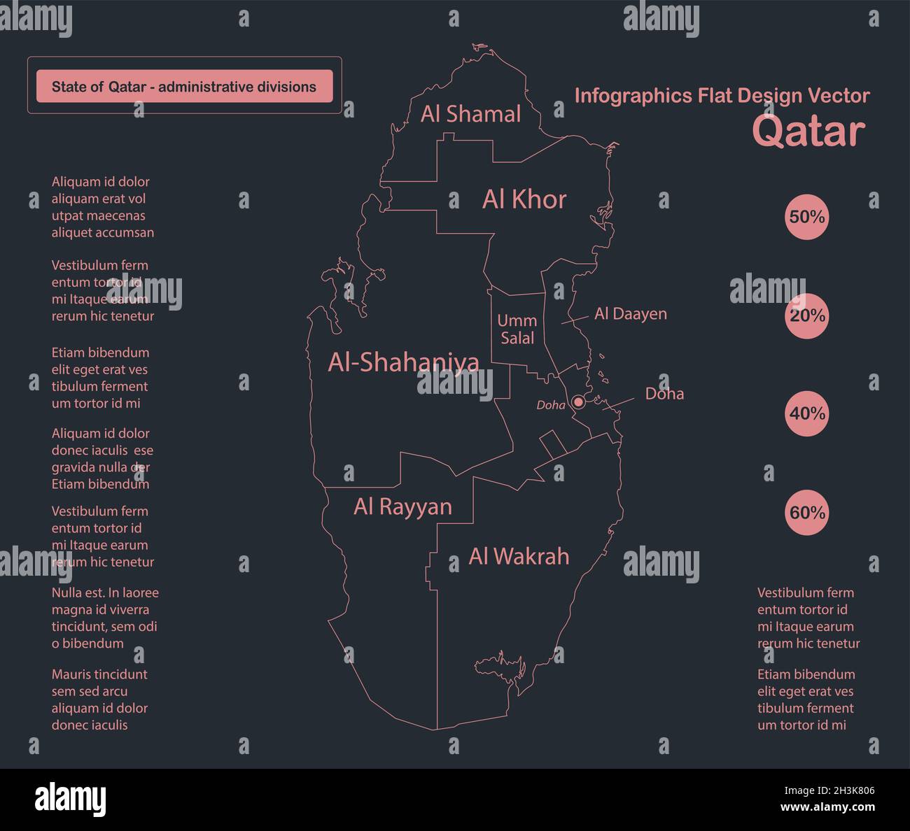 Infografica contorno mappa Qatar, disegno piatto, colore vettore blu Illustrazione Vettoriale