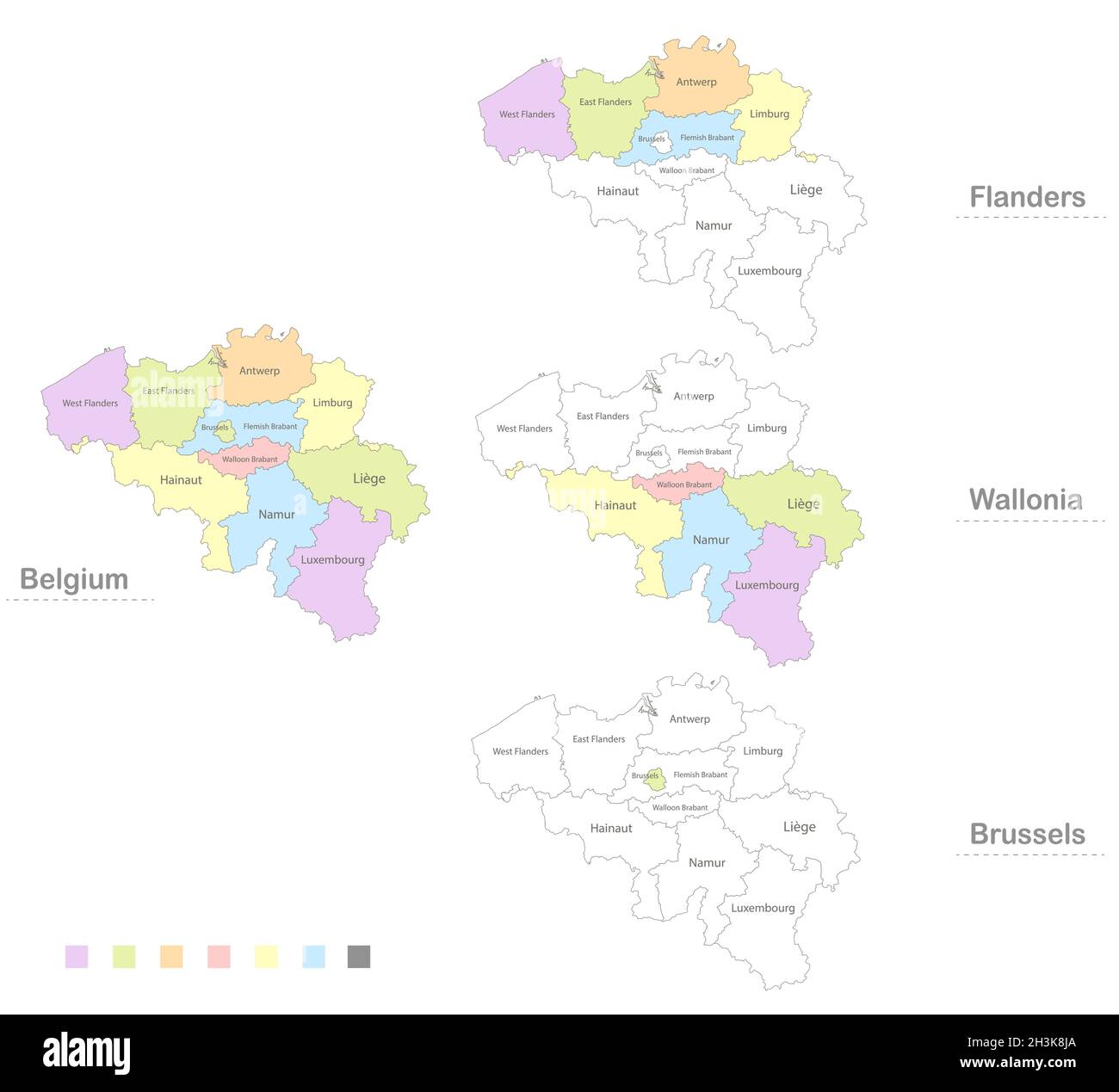 Carta del Belgio divisa per divisioni amministrative, Fiandre Vallonia e vettore di Bruxelles Illustrazione Vettoriale