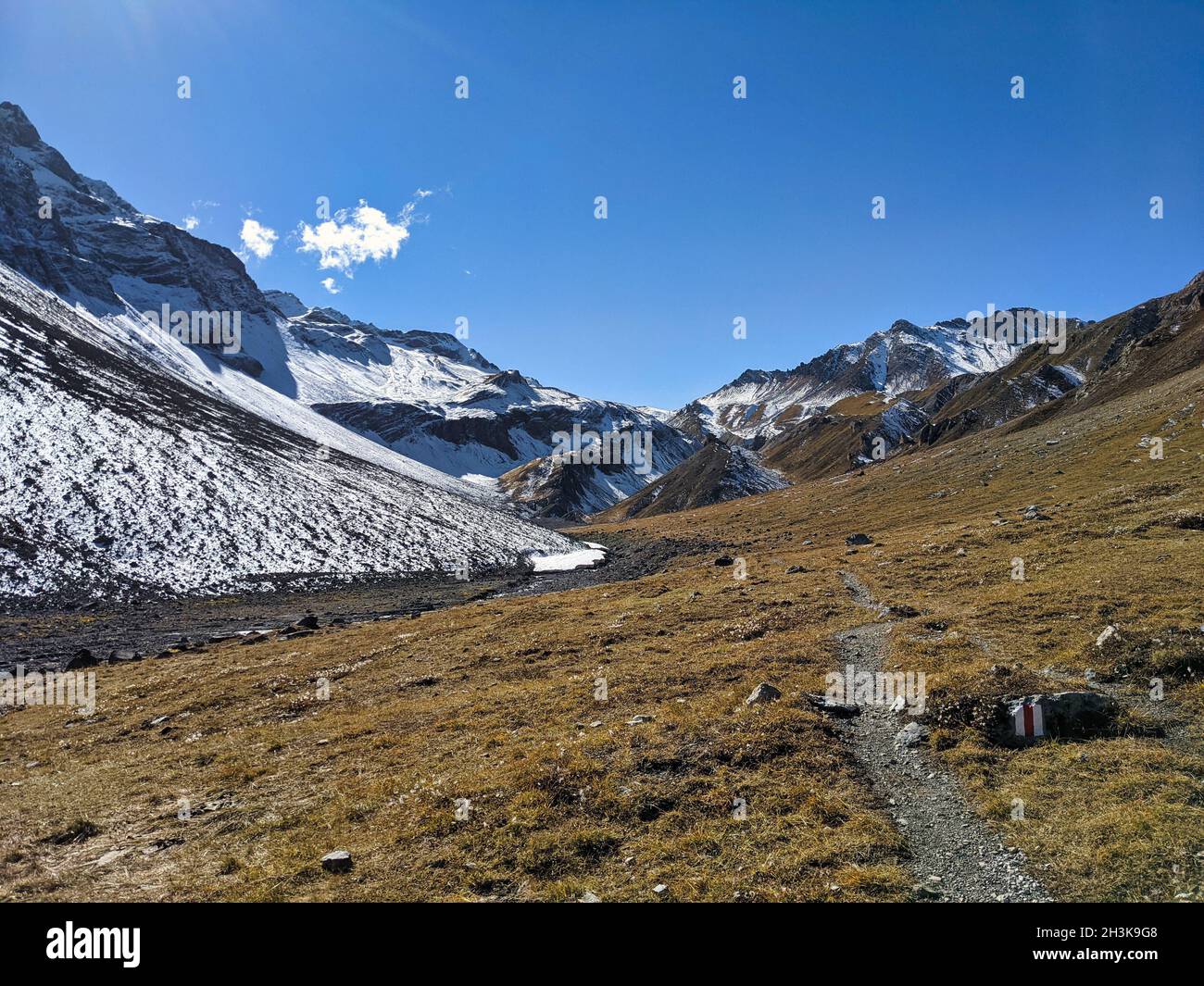 Bella escursione autunnale nelle montagne svizzere vicino a Sertig, Davos. Le foreste di larici fioriscono e le vette innevate Foto Stock