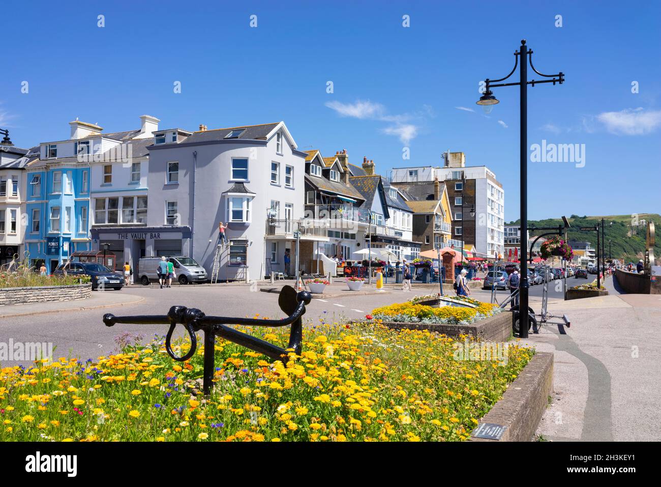 Seaton Devon Flower letti su Seaton Esplanade o lungomare sulla spiaggia strada Seaton Devon Inghilterra Regno Unito GB Europa Foto Stock