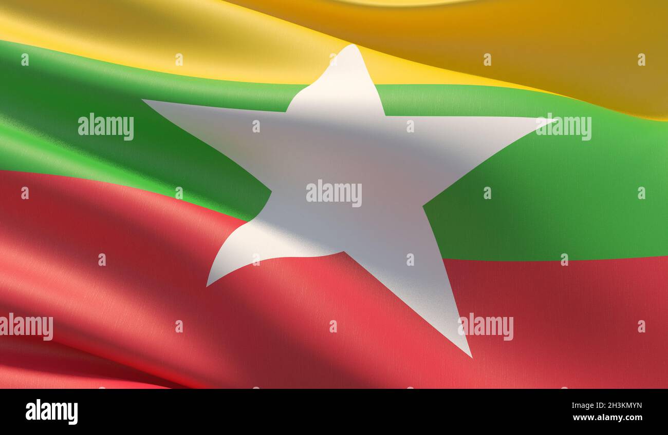 Alta risoluzione di close-up bandiera del Myanmar. 3D'illustrazione. Foto Stock