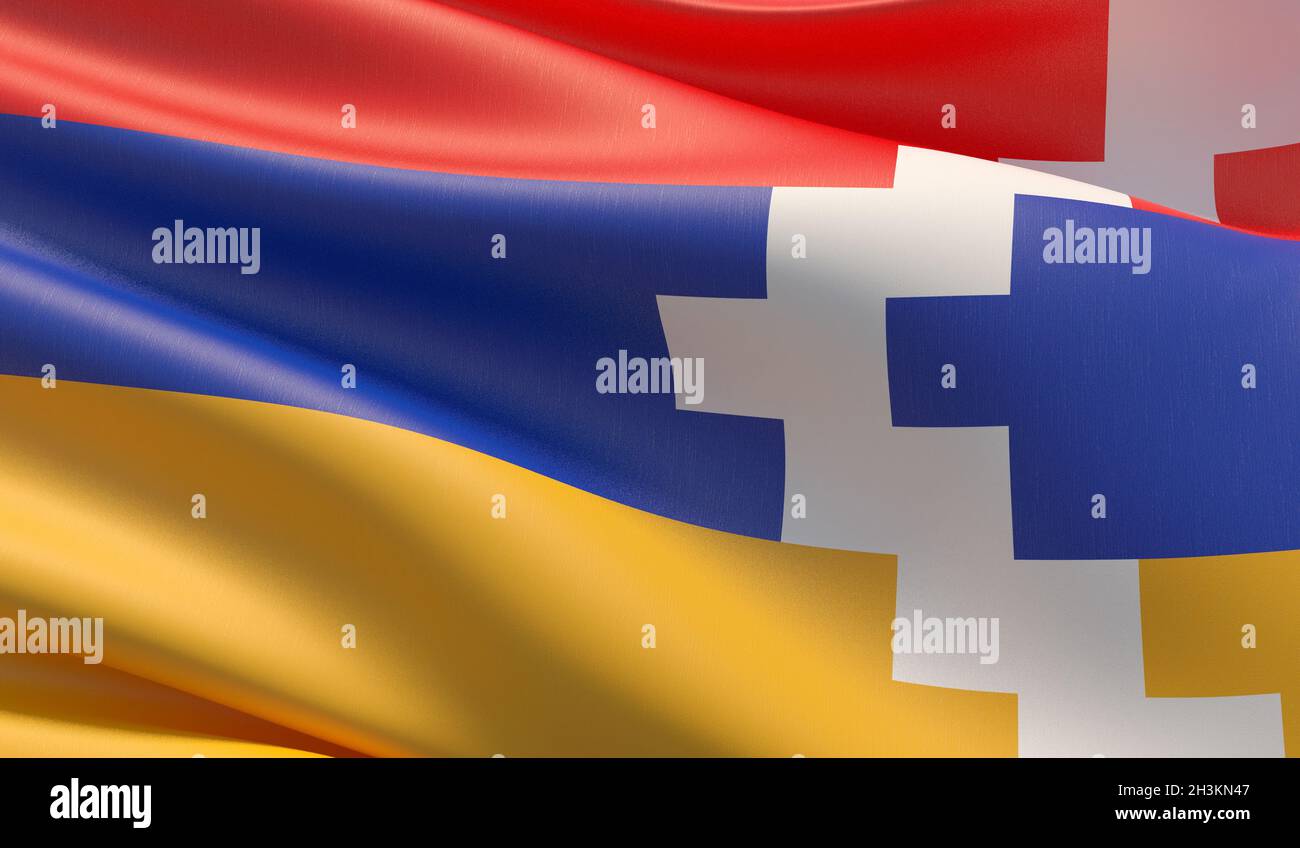 Sventolato altamente dettagliate di close-up di bandiera Artsakh. 3D'illustrazione. Foto Stock