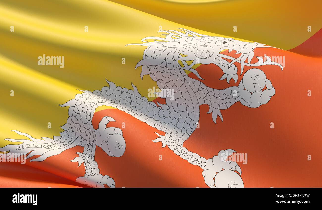Alta risoluzione di close-up bandiera del Bhutan. 3D'illustrazione. Foto Stock