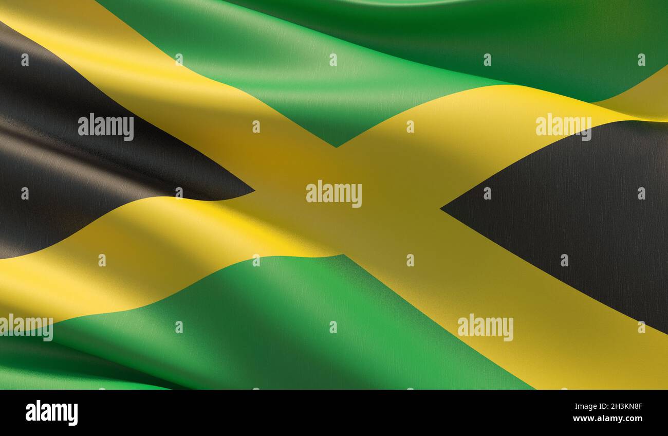 Alta risoluzione di close-up Bandiera della Giamaica. 3D'illustrazione. Foto Stock