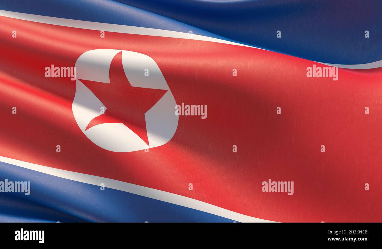 Alta risoluzione di close-up Bandiera della Corea del Nord. 3D'illustrazione. Foto Stock