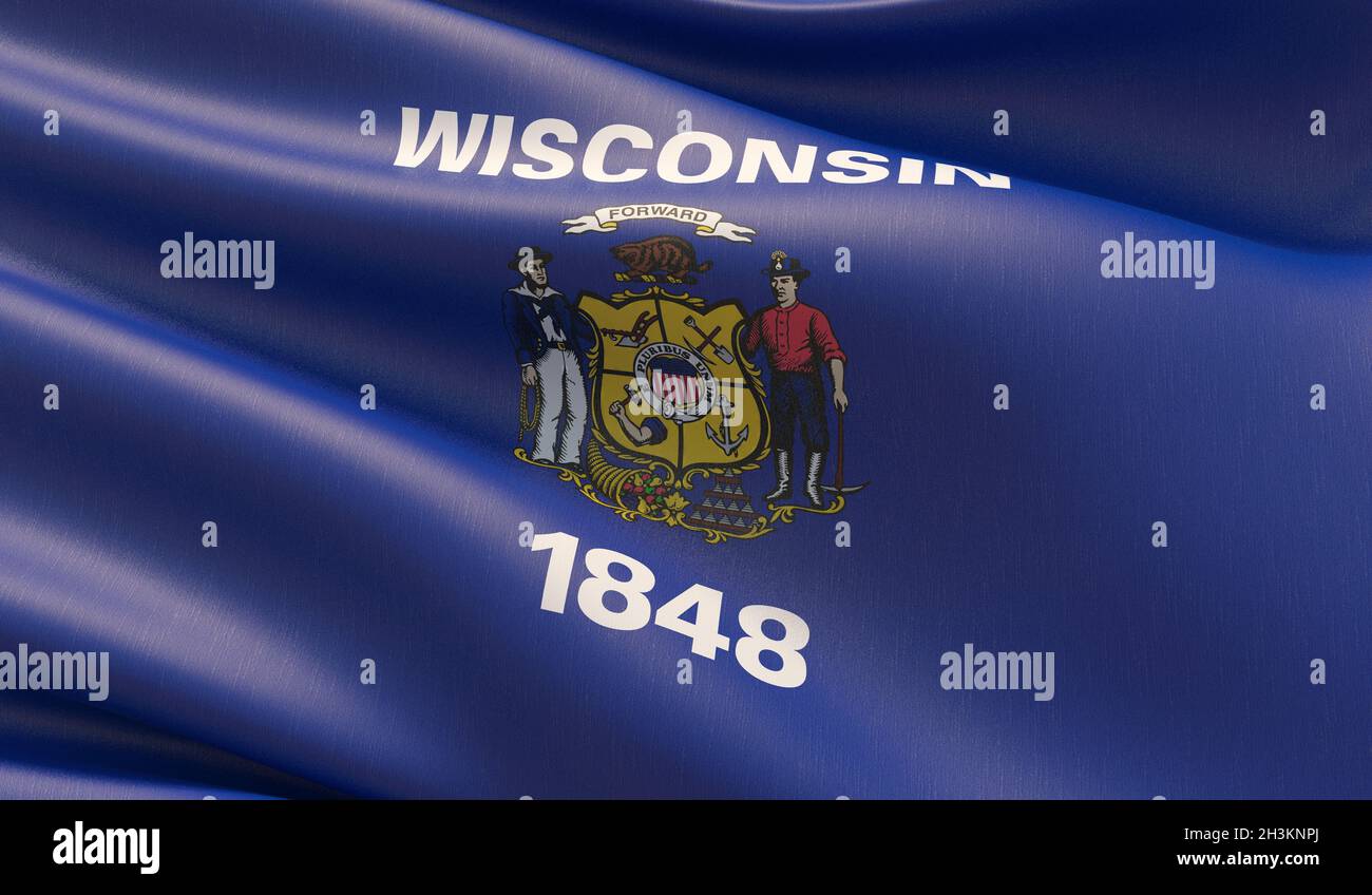 Primo piano ad alta risoluzione Flag of Wisconsin - raccolta di bandiere degli Stati Uniti d'America. Illustrazione 3D. Foto Stock