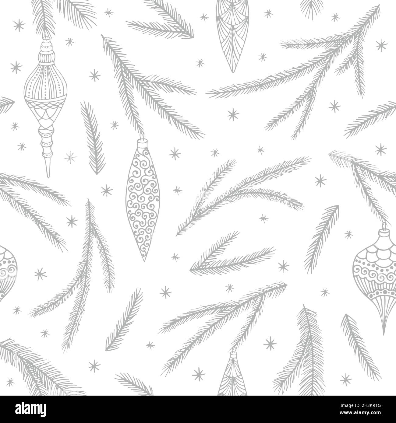 Xmas Seamless pattern con decorazioni natalizie, rami di pino disegnati a mano art design illustrazione vettoriale. Illustrazione Vettoriale