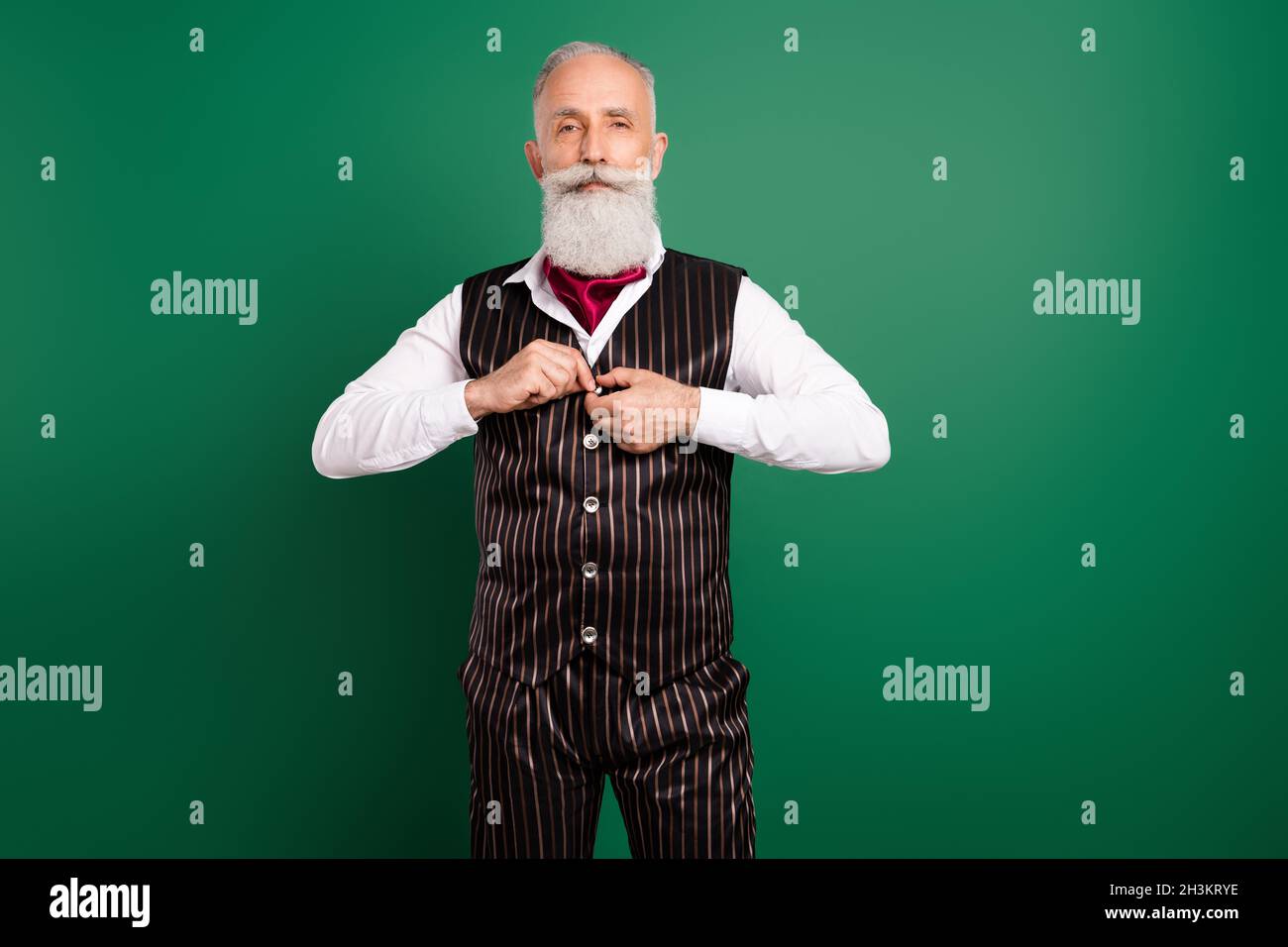 Foto di successo ricco playboy vestire se stesso vestito di lusso indossare  gilet a righe su sfondo verde Foto stock - Alamy