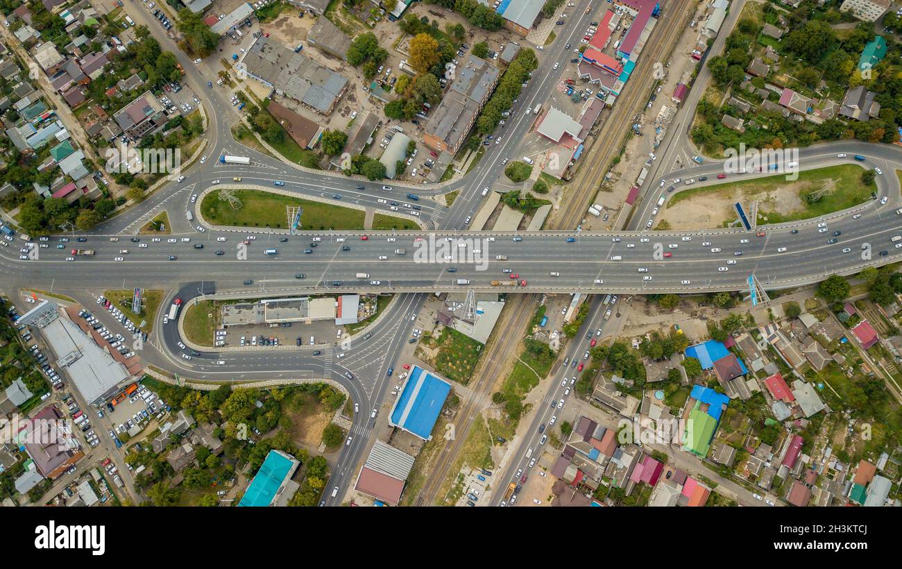 Droni Eye View - astratto traffico stradale jam vista dall'alto, concetto di trasporto Foto Stock