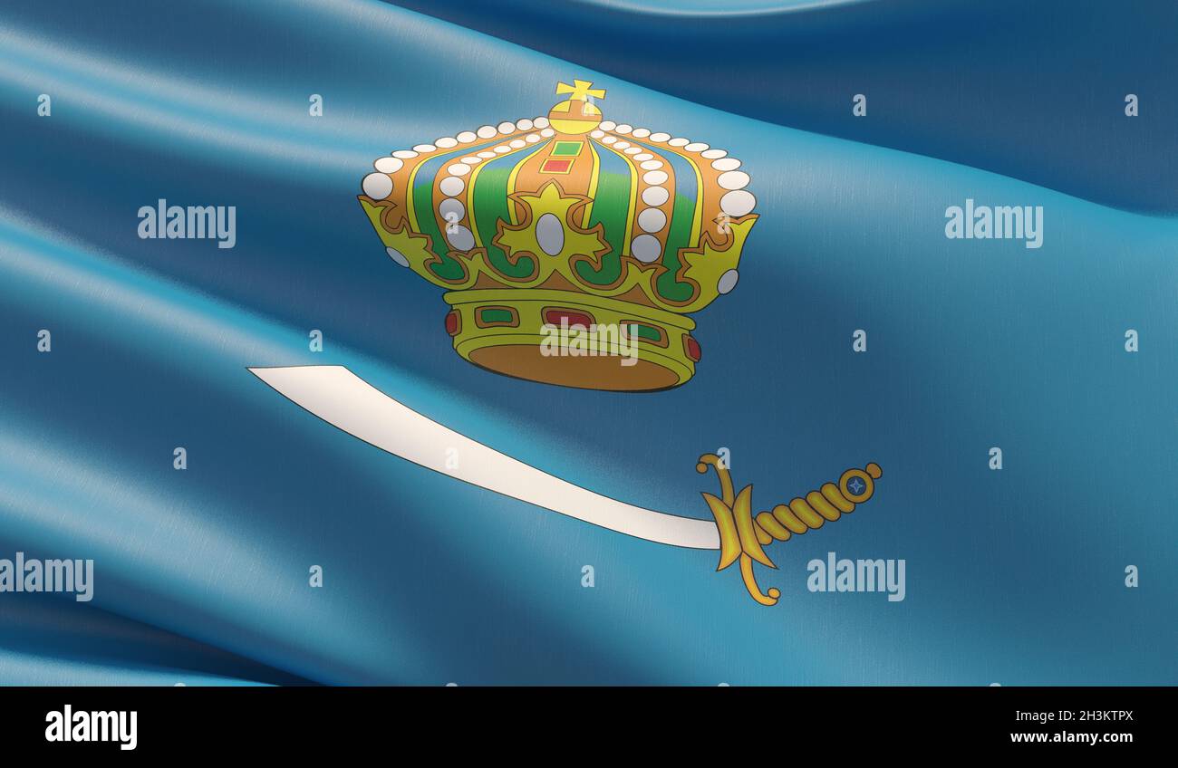 La bandiera di Astrakhan Oblast. Illustrazione 3D in primo piano ad alta risoluzione. Bandiere dei soggetti federali della Russia. Foto Stock