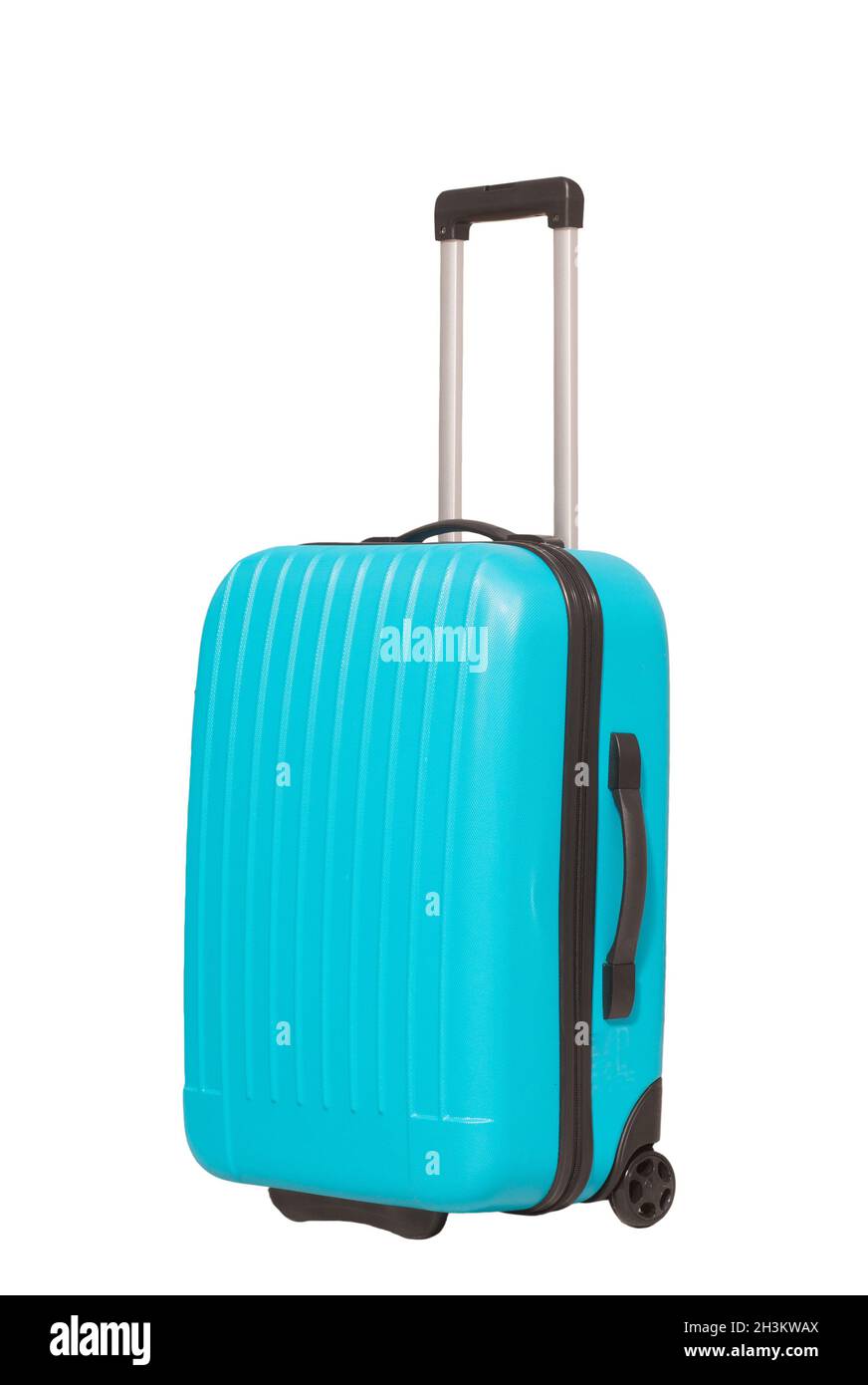 Blu valigia viaggio isolato su sfondo bianco. Foto Stock