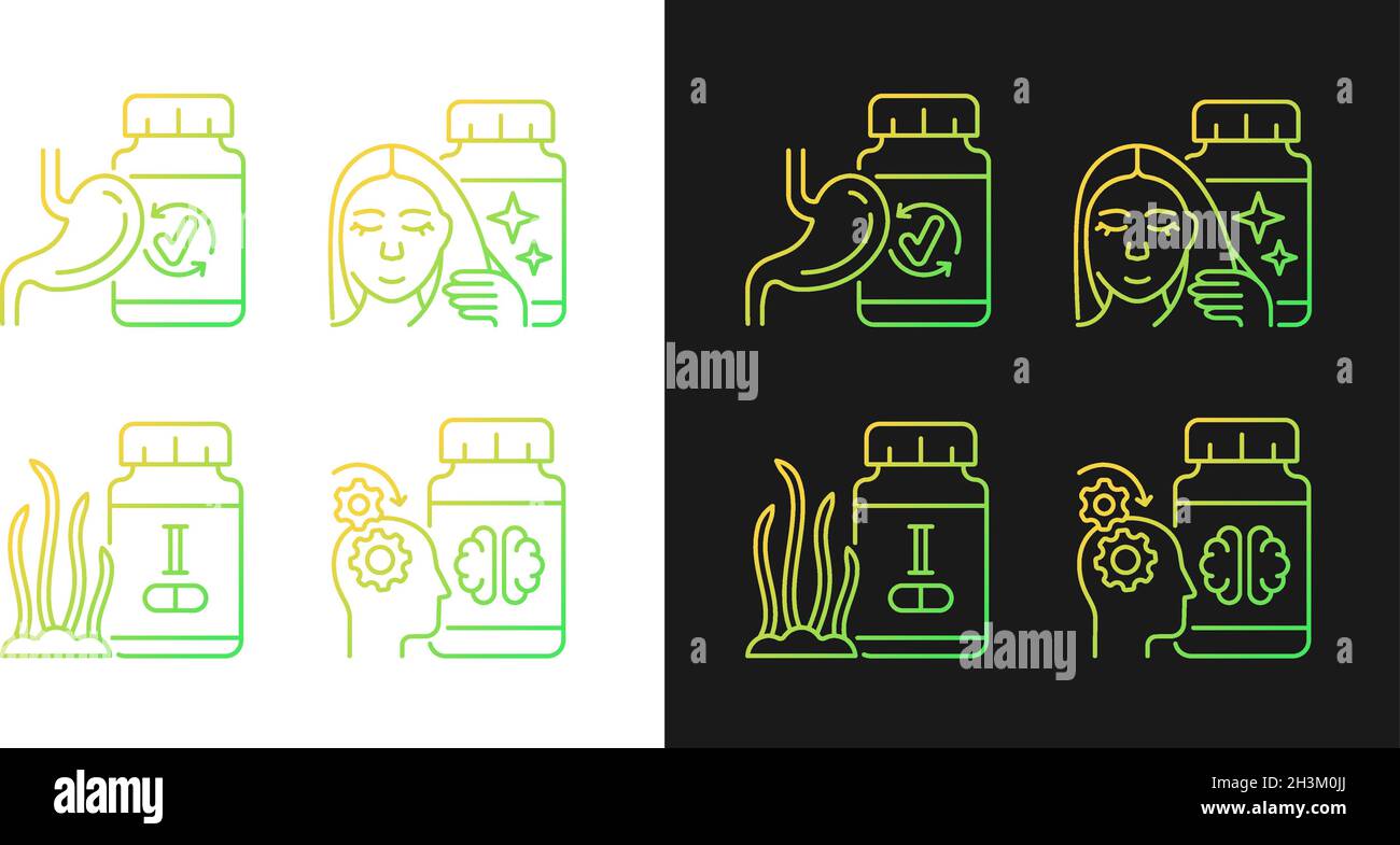 Integratori alimentari icone gradiente impostate per la modalità buio e luce Illustrazione Vettoriale