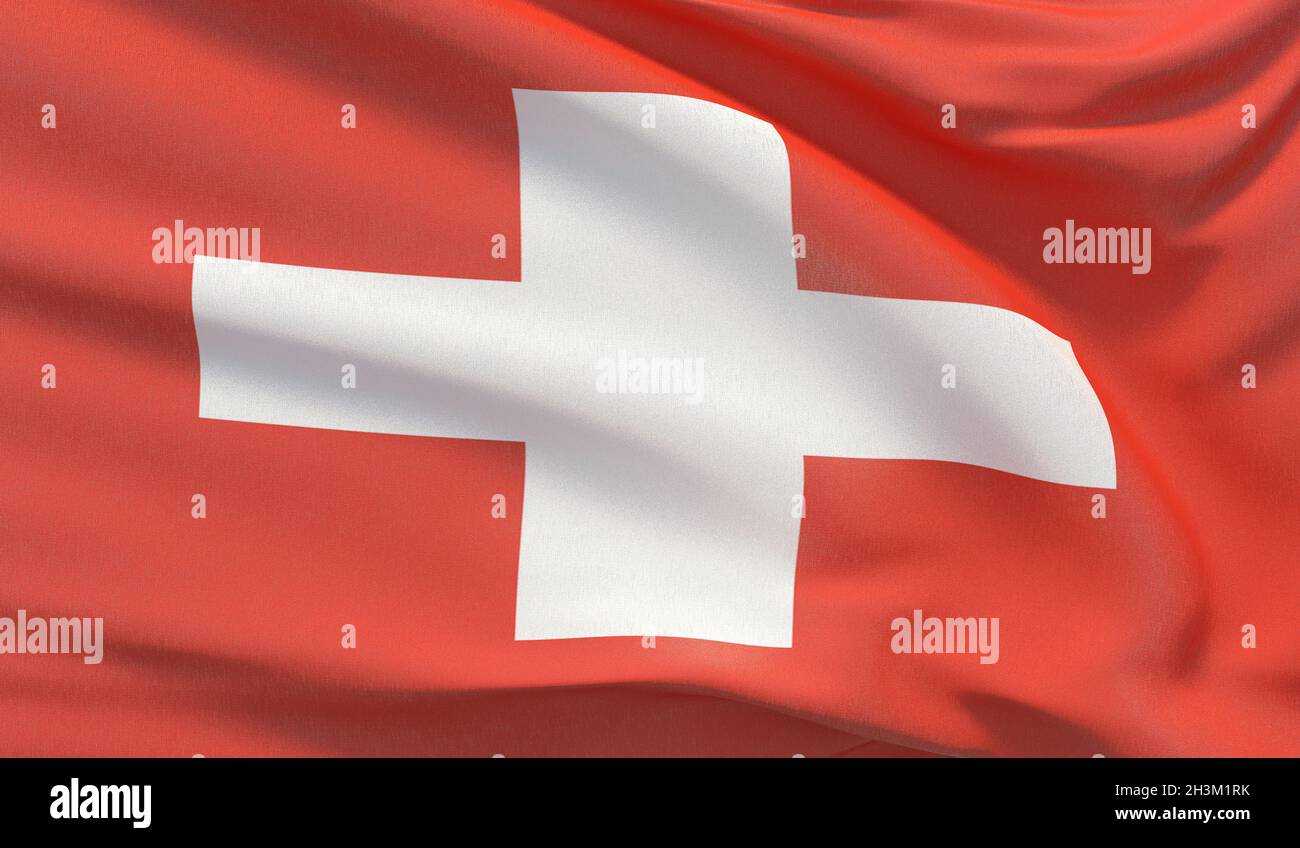 Sventolando bandiera nazionale della Svizzera. Rappresentazione 3D dettagliata e dettagliata. Foto Stock