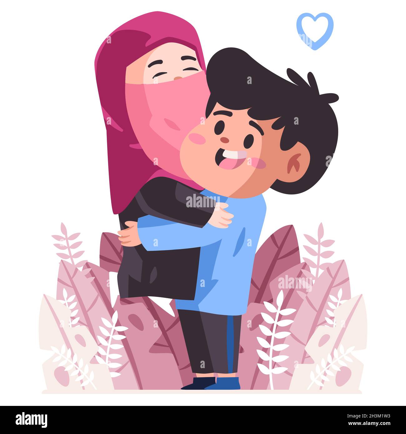 coppia hughs l'un l'altro, marito e sua moglie con hijab rosa sembra così romantico felice nel matrimonio anniversario cartone animato colore piatto fondo isolato Illustrazione Vettoriale