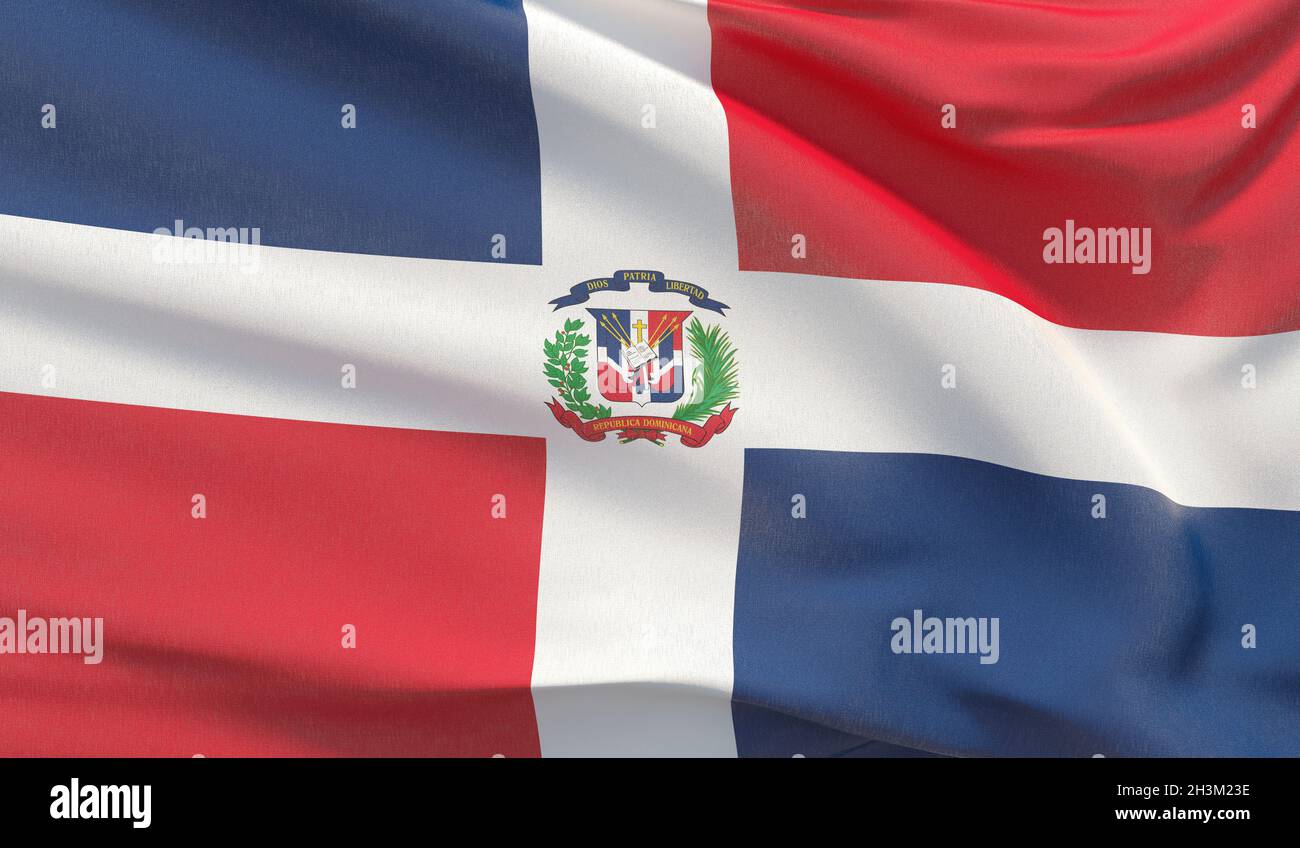 Sventolare bandiera nazionale della Repubblica Dominicana. Rendering 3D ravvicinato estremamente dettagliato. Foto Stock