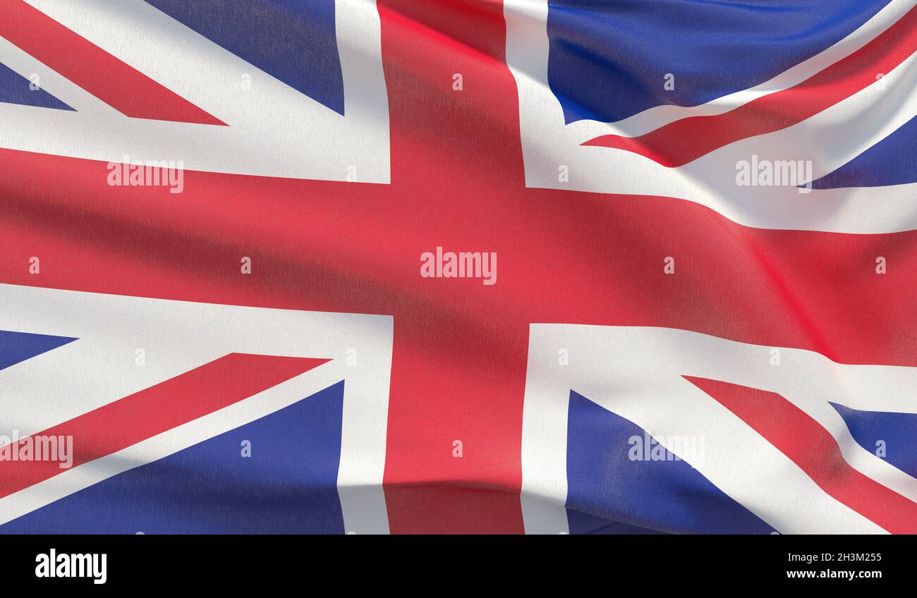 Sventolare la bandiera nazionale del Regno Unito. Rendering 3D ravvicinato estremamente dettagliato. Foto Stock