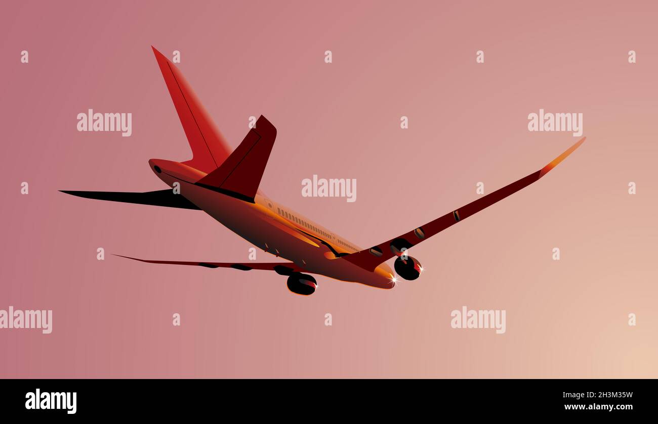 Boeing-787 Dreamliner all'alba. Formato vettoriale EPS-8 disponibile separato da gruppi e livelli per una facile modifica Illustrazione Vettoriale