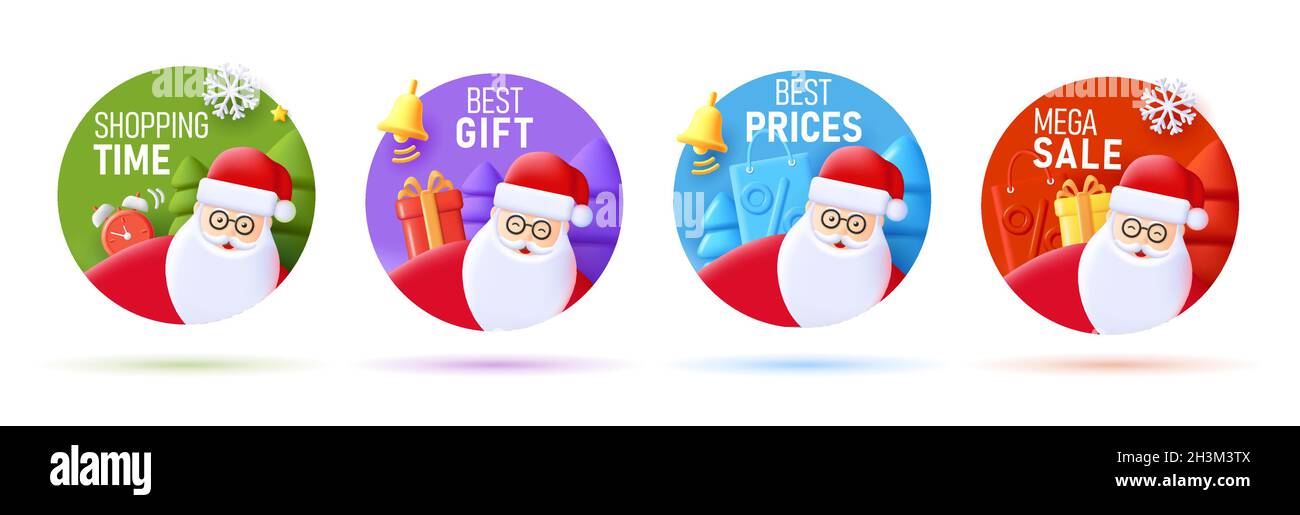 Set di tag prezzo di vendita Natale con illustrazione Snta claus e oggetti monocromatici in forma circolare Illustrazione Vettoriale