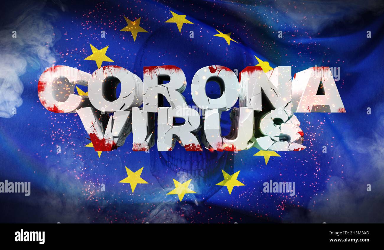 Focolaio di coronavirus e coronavirus influenza 2019-ncov su bandiera UE ondulata. Bandiera dell'Unione europea. Illustrazione 3D. Foto Stock
