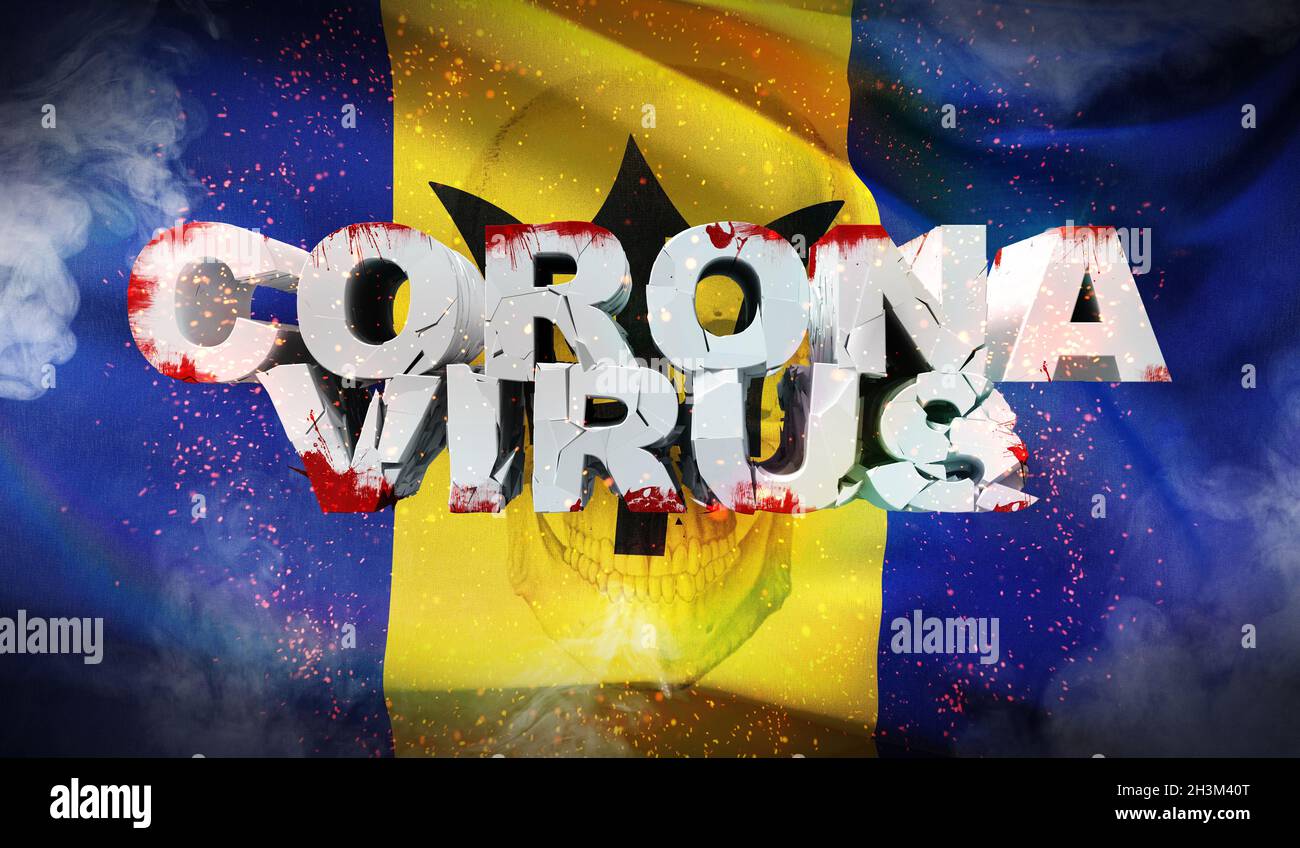 Focolaio di coronavirus e coronavirus influenza 2019-ncov su bandiera nazionale ondulata delle Barbados. Primo piano estremamente dettagliato ondulato in 3D Foto Stock
