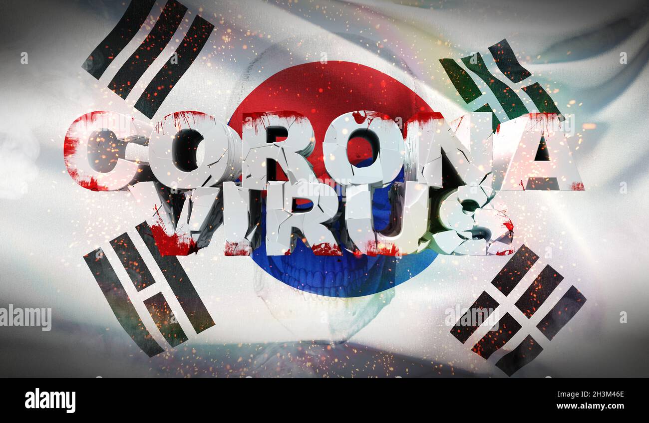 Focolaio di coronavirus e coronavirus influenza 2019-ncov su bandiera nazionale sventata della Corea del Sud. Primo piano estremamente dettagliato ondulato Foto Stock