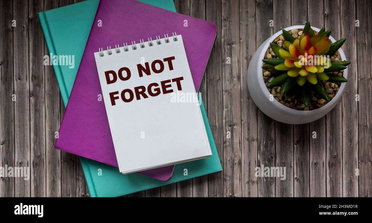 Non dimenticare qualcosa sul tuo notebook e tavole di legno. Fiore di Cactus e colorati notepad Foto Stock