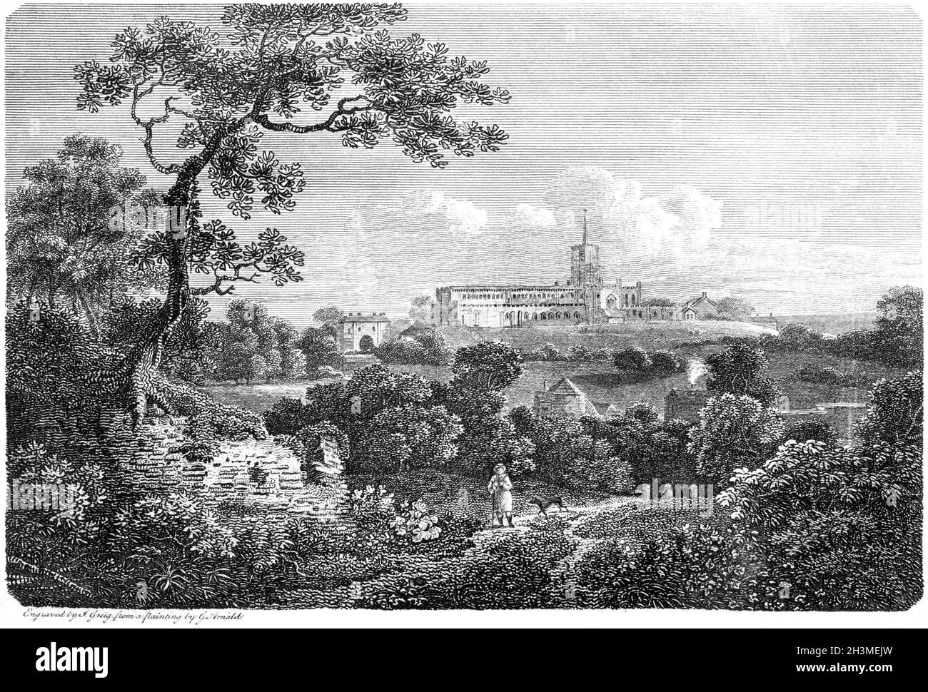 Un'incisione della Cattedrale di St Albans, Hertfordshire UK scansionata ad alta risoluzione da un libro stampato nel 1812. Creduto libero di copyright. Foto Stock