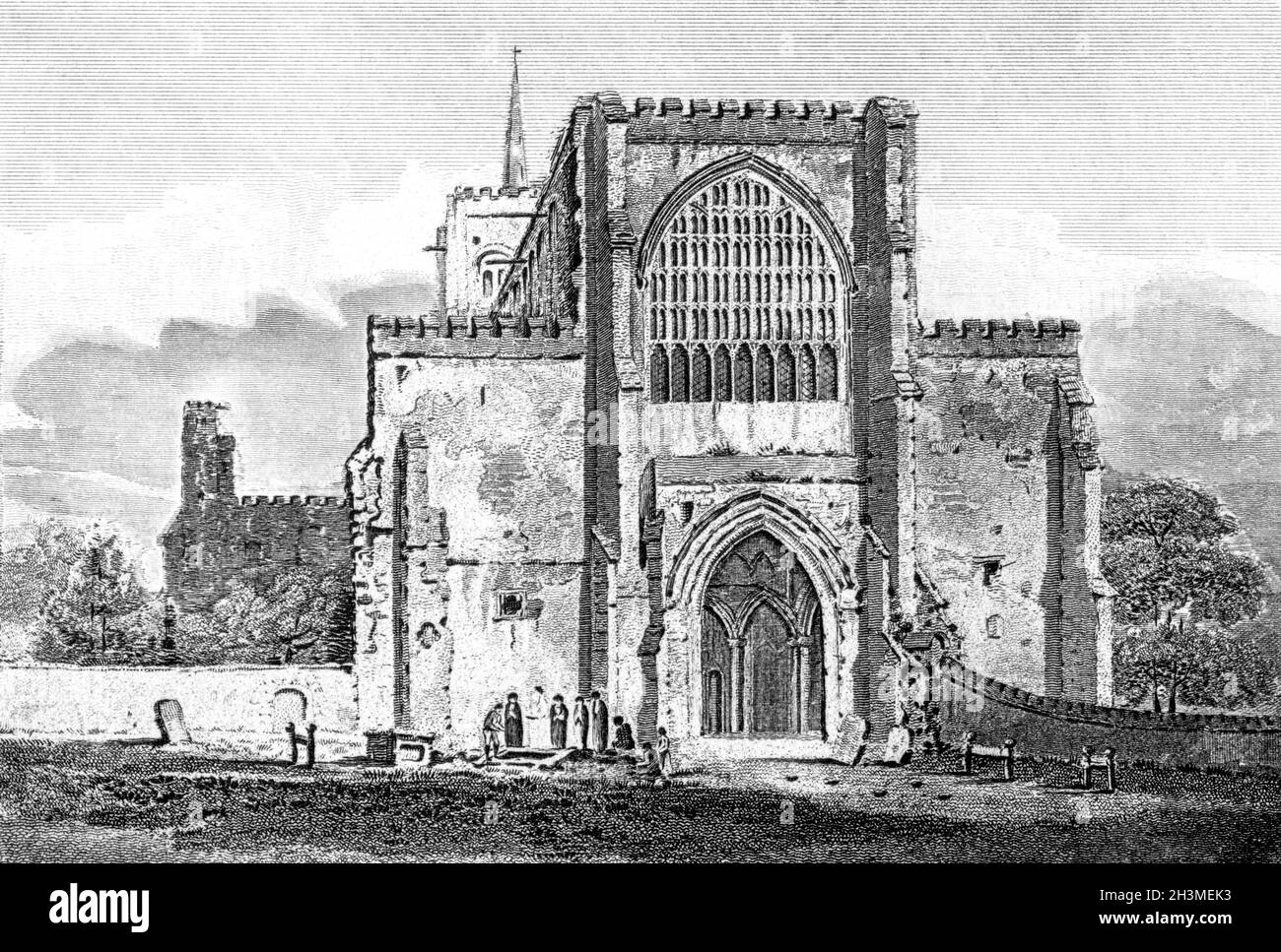 Un'incisione della St Albans Abbey Church, Hertfordshire UK scansionata ad alta risoluzione da un libro stampato nel 1812. Creduto libero di copyright. Foto Stock