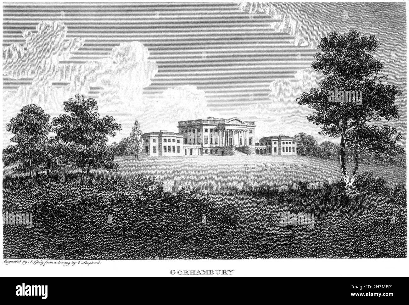 Un'incisione di Gorhambury, Seat of Lord Visconte Grimston., Hertfordshire UK scansionò ad alta risoluzione da un libro stampato nel 1812. Foto Stock