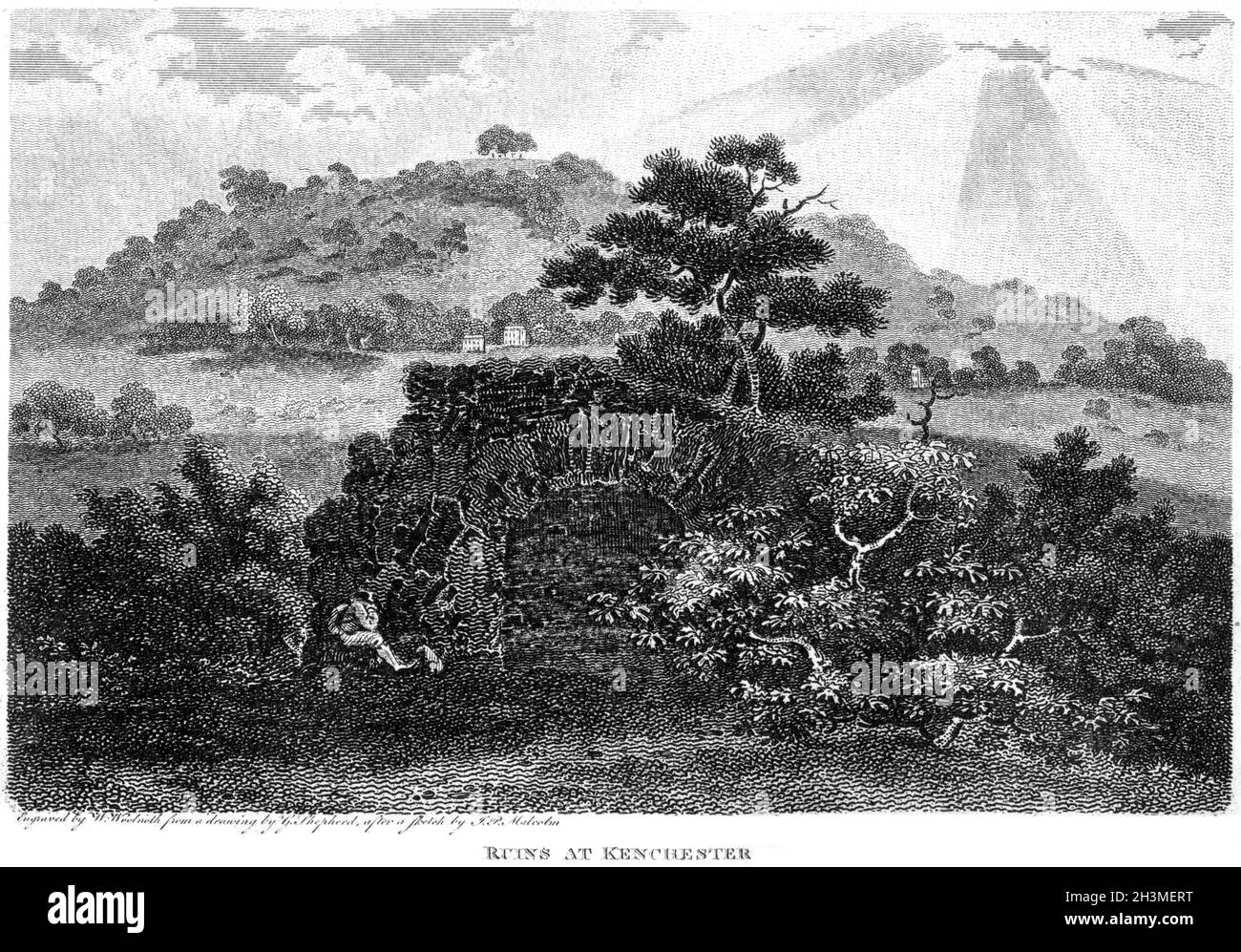 Un'incisione di rovine a Kenchester (Credenhill in the Distance) Herefordshire UK scansionata ad alta risoluzione da un libro stampato nel 1812. Foto Stock
