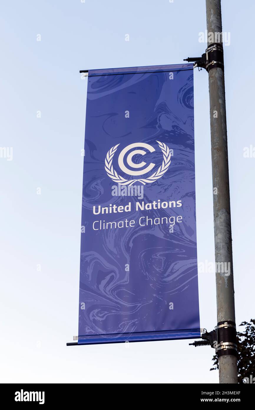 COP 26, bandiera delle Nazioni Unite sui cambiamenti climatici, Glasgow, Scozia, Regno Unito Foto Stock