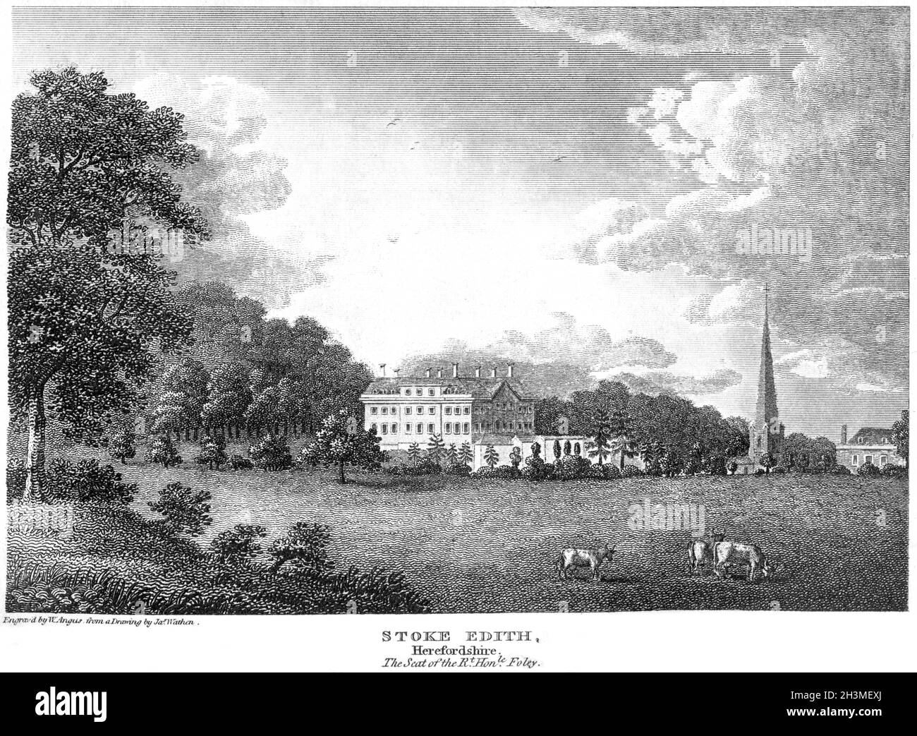Un'incisione di Stoke Edith (la sede della Rt. Hon. Le Foley), Herefordshire Regno Unito ha scansionato ad alta risoluzione da un libro stampato nel 1812. Foto Stock