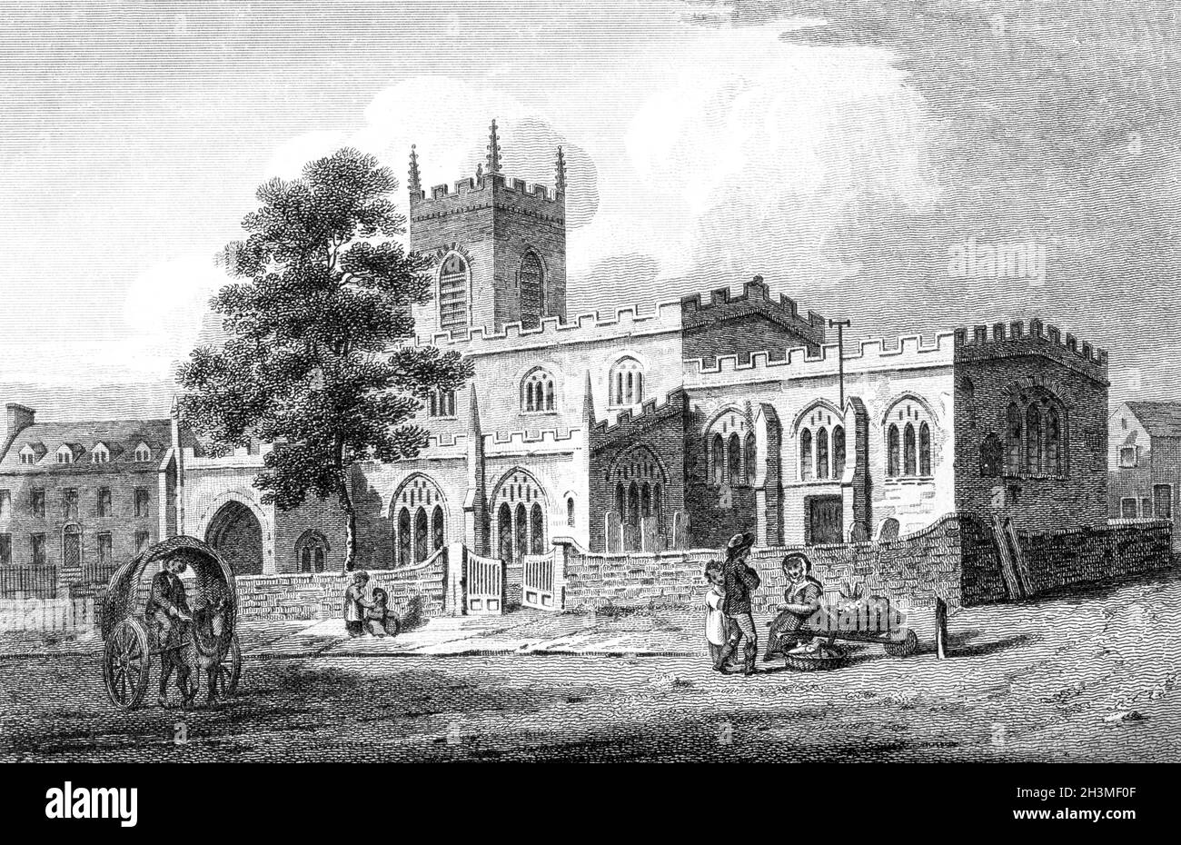 Un'incisione di All Saints Church, Huntingdon UK scansionata ad alta risoluzione da un libro stampato nel 1812. Creduto libero di copyright. Foto Stock