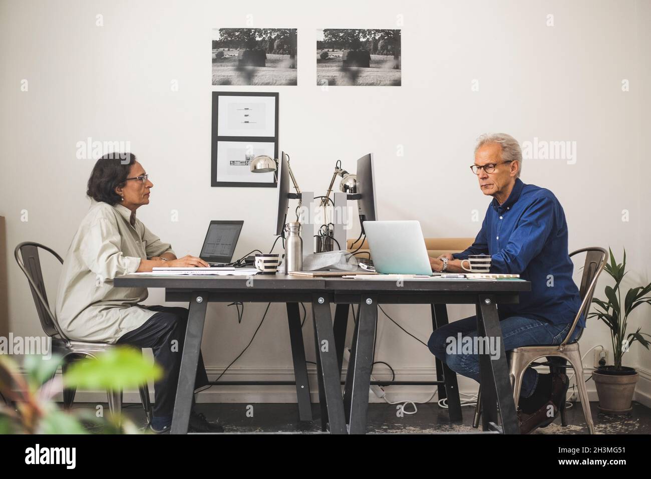 Colleghi senior di sesso maschile e femminile che lavorano al computer in ufficio Foto Stock